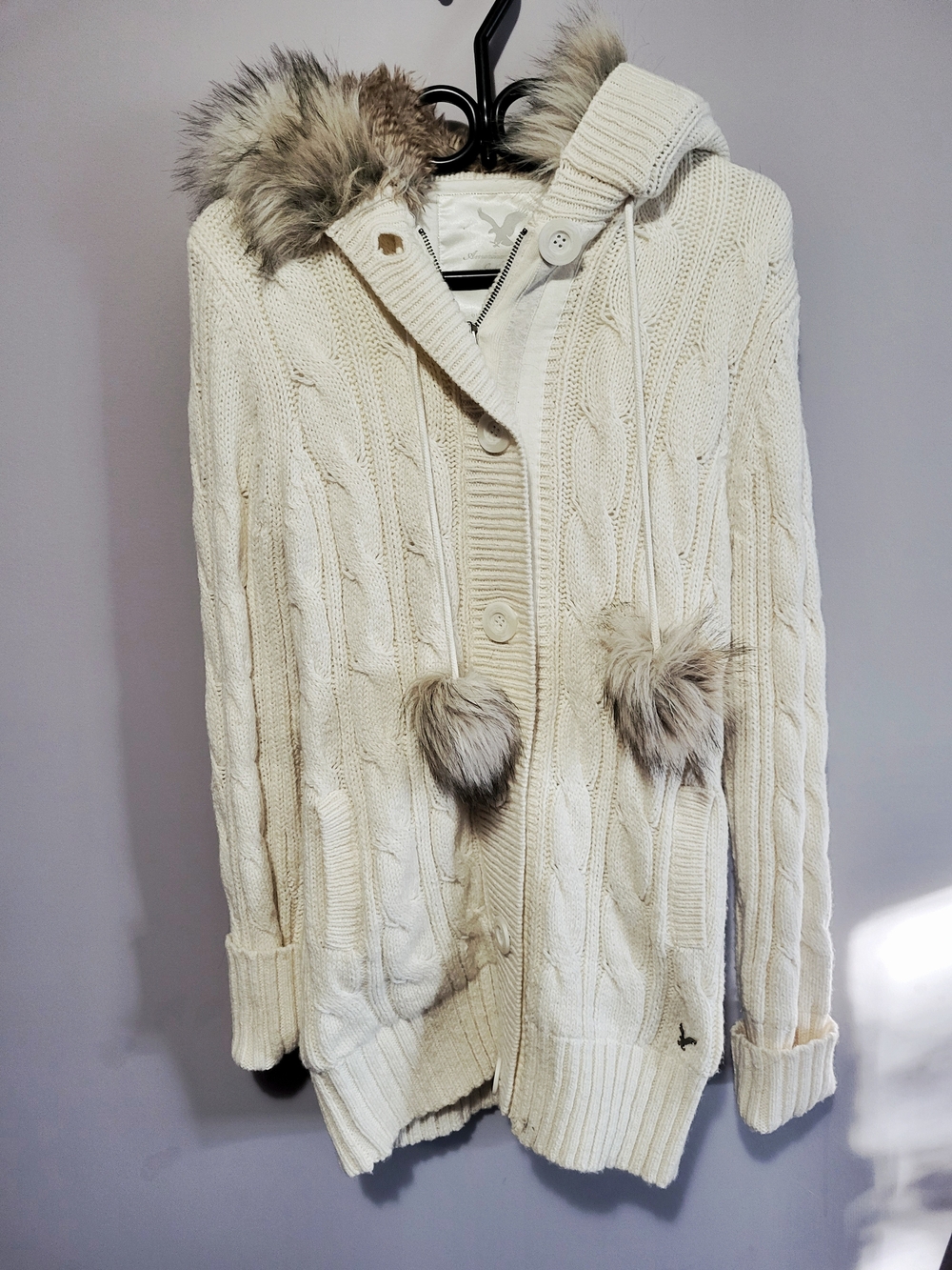 American Eagle Outfitters Vintage Cable Knit Hooded Cardigan with Fur Trim